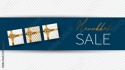 Hanukkah sale. Traditional Jewish holiday. Chankkah banner or wallpaper background design concept. Transparent overlay decor with gift boxes. Judaic religion decor.