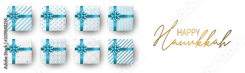 Happy Hanukkah. Traditional Jewish holiday. Chankkah banner or website header background design concept. Judaic religion decor with white luxury gift boxes with blue ribbon. Vector illustration.