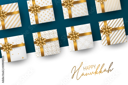 Happy Hanukkah. Traditional Jewish holiday celebration. Chankkah banner background design concept. Judaic religion decor - gift boxes with golden ribbon. Vector illustration.