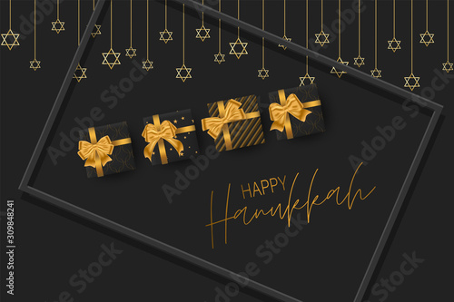 Happy Hanukkah. Traditional Jewish holiday celebration. Chankkah banner background design concept. Judaic religion decor - black luxury gift boxes with golden ribbon, David Star. Vector illustration. photo