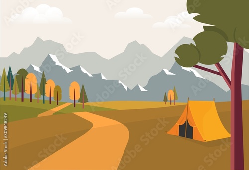 Flat Banner Beautiful Mountain Landscape in Autumn