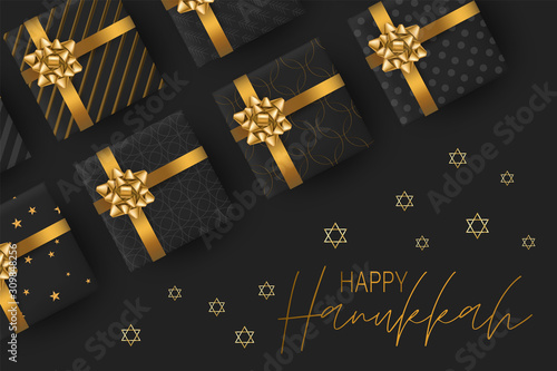 Happy Hanukkah. Traditional Jewish holiday celebration. Chankkah banner background design concept. Judaic religion decor - black luxury gift boxes with golden ribbon, David Star. Vector illustration.