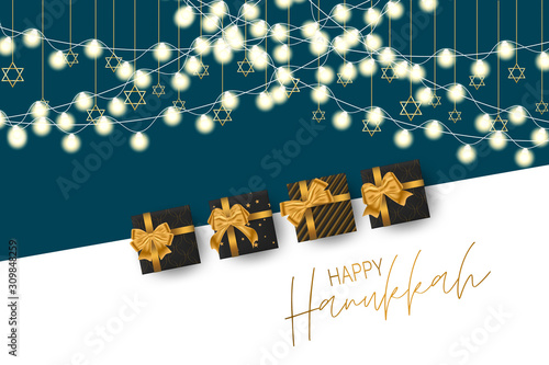 Happy Hanukkah. Traditional Jewish holiday celebration. Chankkah banner background design concept. Judaic religion decor - black luxury gift boxes with golden ribbon, David Star. Vector illustration.