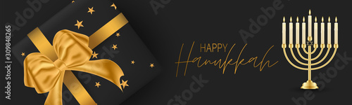 Happy Hanukkah. Traditional Jewish holiday. Chankkah banner or website header background design concept. Judaic religion decor with black luxury gift boxes with golden ribbon. Vector illustration.