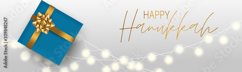 Happy Hanukkah. Traditional Jewish holiday. Chankkah banner or website header background design concept. Judaic religion decor with blue luxury gift boxes with golden ribbon. Vector illustration.