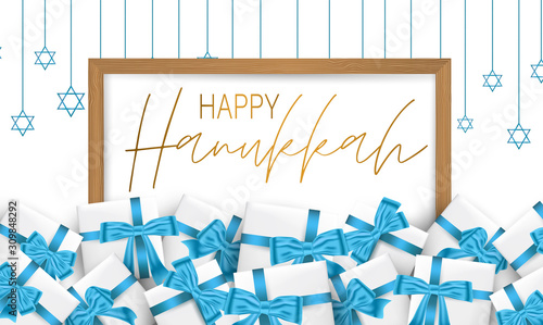 Happy Hanukkah. Traditional Jewish holiday celebration. Chankkah banner background design concept. Judaic religion decor - gift boxes with blue ribbon. Vector illustration.