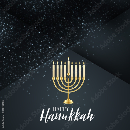Happy Hanukkah. Traditional Jewish holiday. Chankkah banner, poster or flyer design concept. Judaic religion decor with Menorah, candles. Silver glitter decoration. Vector illustration.