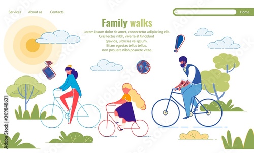 Family Walk by Bicycle on Weekends, Illustration.