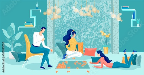Friends Gathered at Home and do Puzzles, Banner.