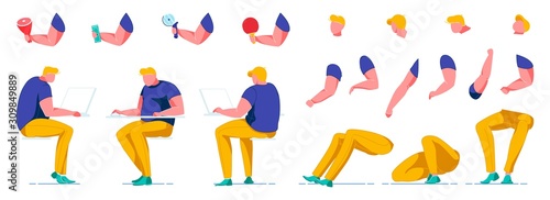 Fat Man Constructor Workes at Table with Comouter.