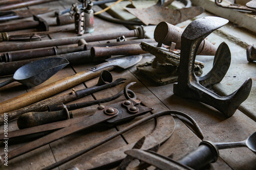 Old tools on display in a workshop