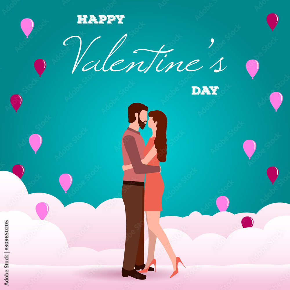 Valentine's Day card with couple kiss and hug on pink clouds. Love concept of man and woman. Vector illustration for poster, flyer, social media post, brochure, postcard, banner on a romantic holiday. Valentine's Day card with couple kiss and hug on pink clouds. Love concept of man and woman. Vector illustration for poster, flyer, social media post, brochure, postcard, banner on a romantic holiday.