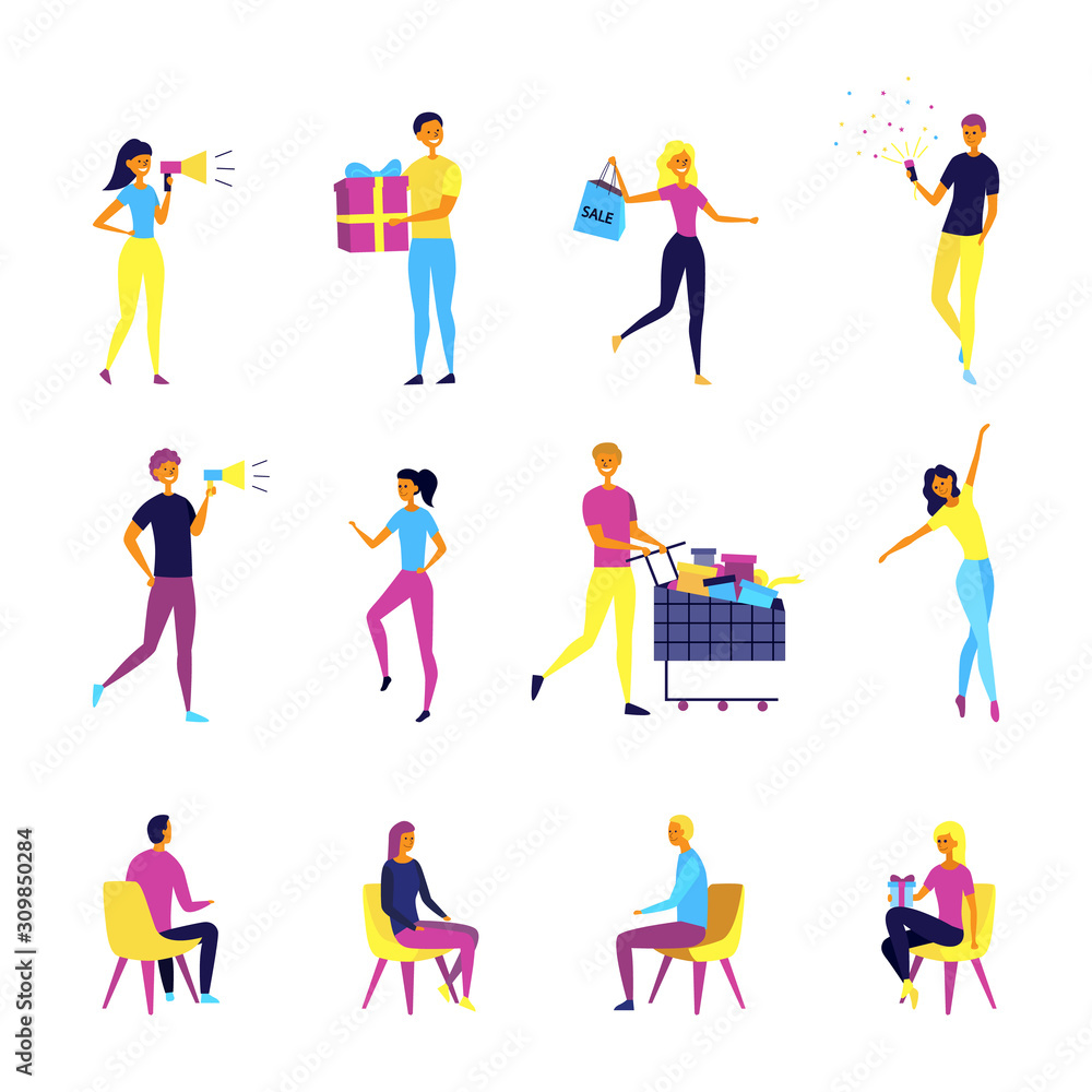 Happy shopping people. Men, women shoppers with gift boxes and shopping bags. Cartoon characters set. Flat style. Vector illustration