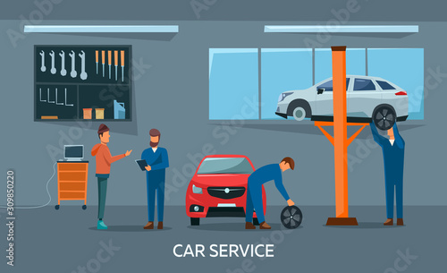 Moderd car repair shop interior. Worker is talking to costumer. Mechanics working and fixing cars, professional service concept. Flat style. Vector illustration