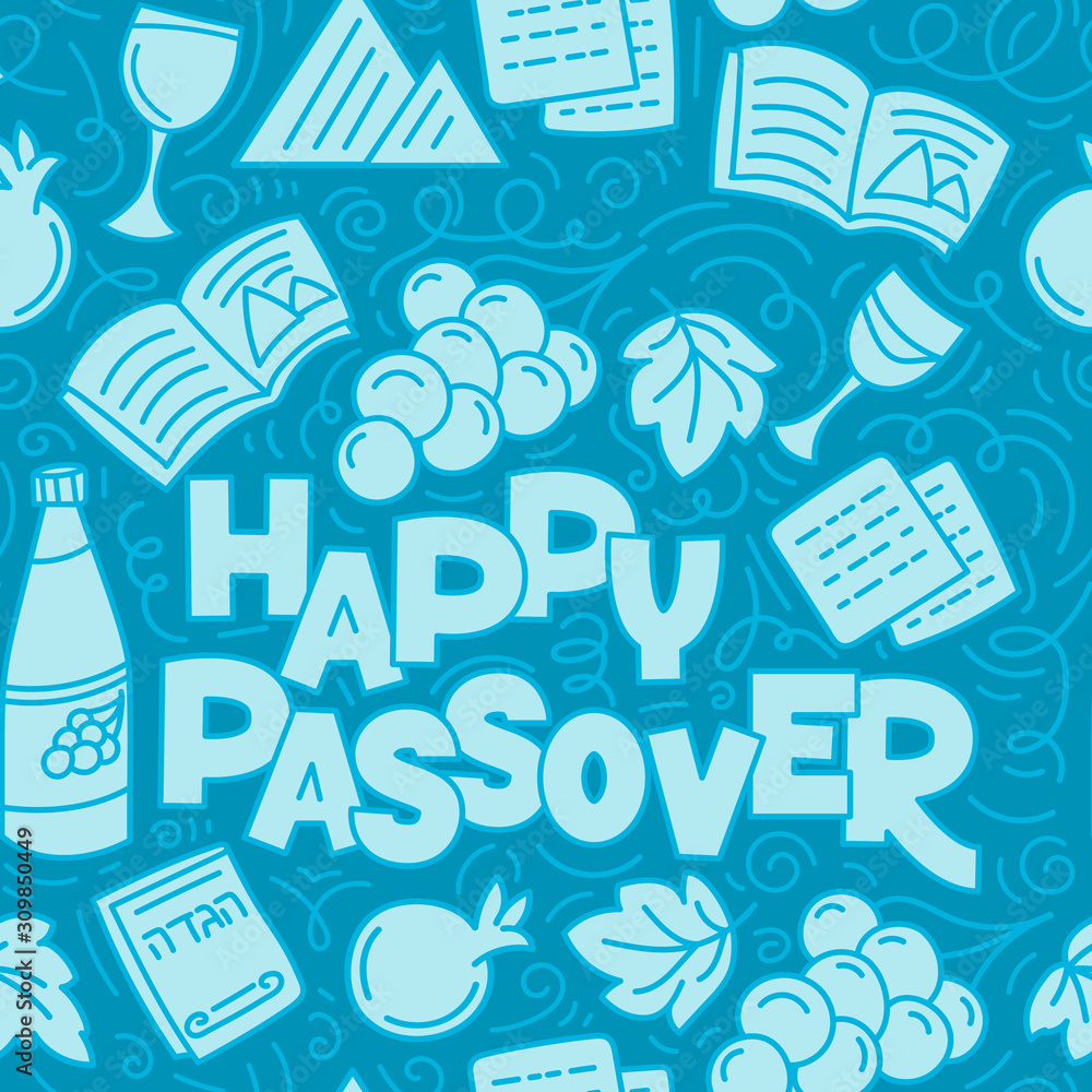 Passover seamless pattern Jewish holiday Pesach . Hebrew text happy Passover. Monochrome vector illustration in hand drawn doodles style. Blue background