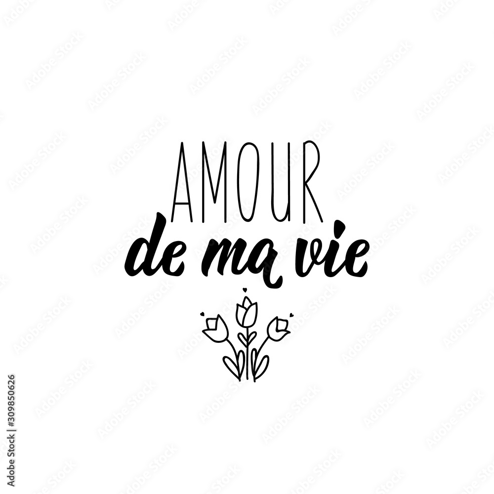 Love of my life in French language. Hand drawn lettering background