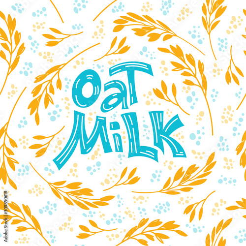 Seamlees pattern background. Oat milk hand drawn lettering. Spikes and grains of oats, glass with oat milk, carton box and glass jar of milk. Doodle style, vector illustration.