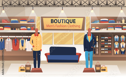 Interior of boutique of men s fashion clothing. Flat style. Vector illustration