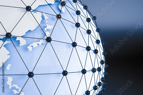 3d rendering of abstract connection network concept.  Network symbolized by black connected spheres on black background Wireframe and globe in empty space. Futuristic shape. 
