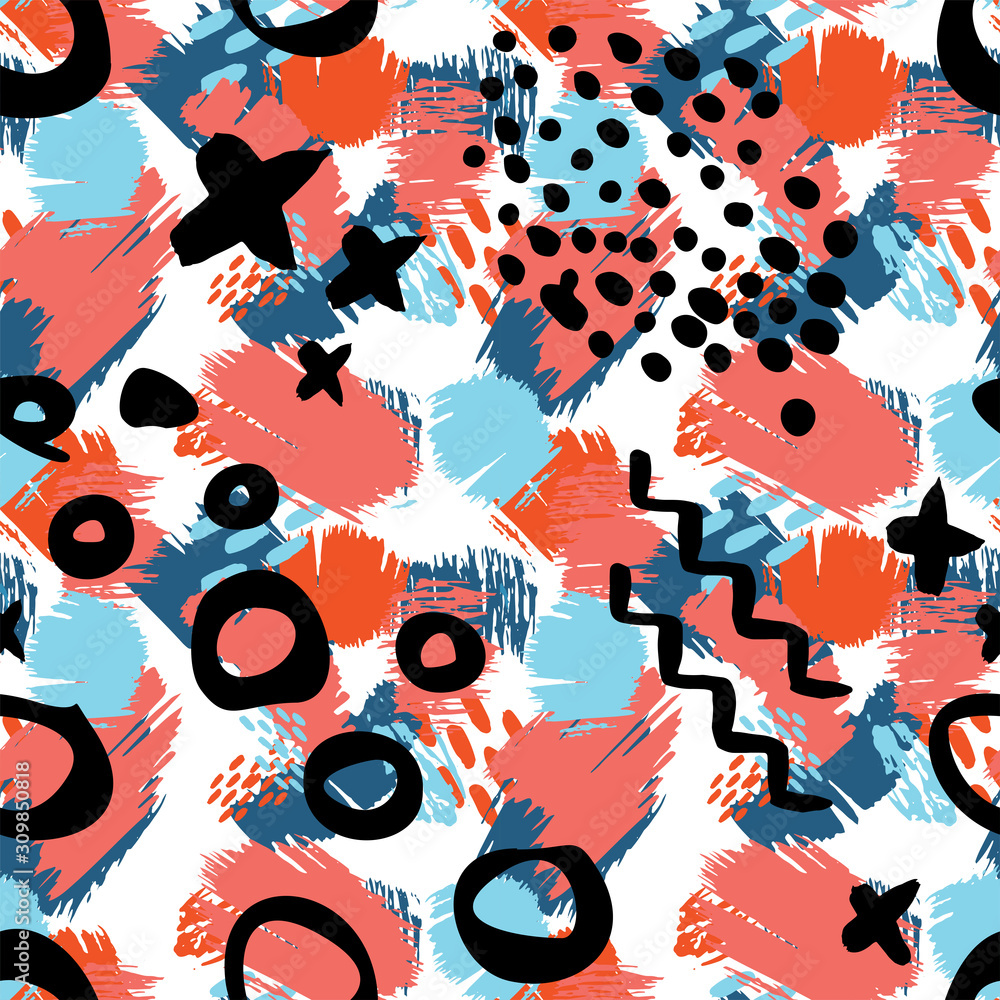 Abstract grunge seamless pattern with shapes, lines, spots, dots. Dirty art background texture. Vector illustration