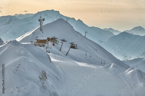 Skiing slope in the French Alpes, Paradiski, La Plagne