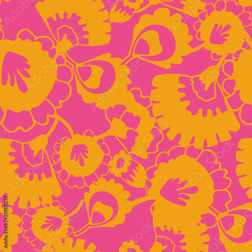 Vector psychedelic folk seamless pattern with colorful ethnic flowers and leaves  orange and pink background