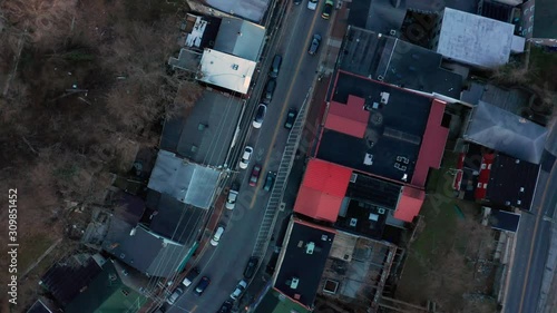 Aerial drone footage of Old Ellicott City, Maryland taken during the winter at sunset photo