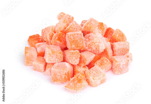 Pile of frozen carrots isolated on white. Vegetable preservation