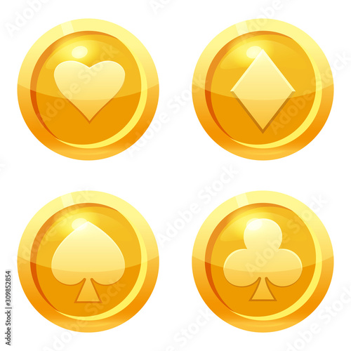 Set game coins card suits of clubs, hearts, diamonds, spades gold icon, game interface, gold metal