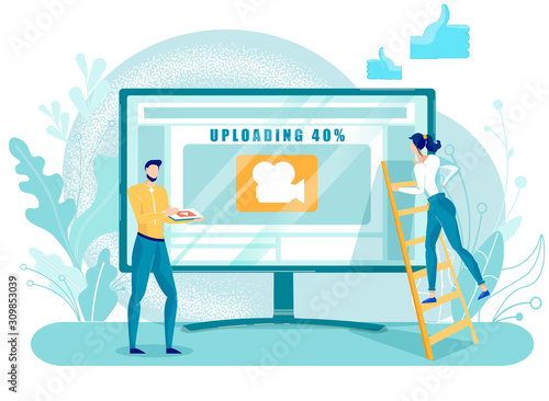 People Control Video Uploading Process on Laptop