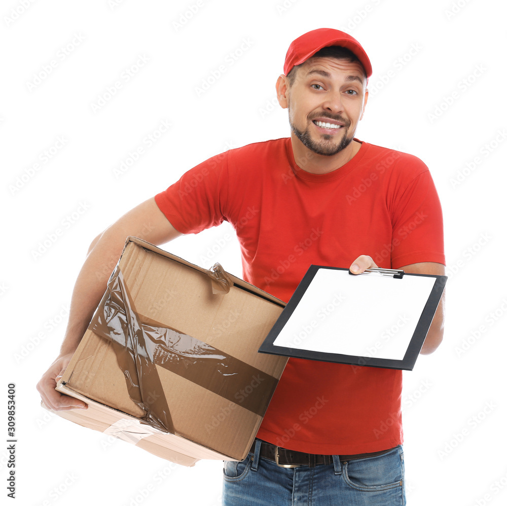 Emotional courier with damaged cardboard box and clipboard on white background. Poor quality delivery service Emotional courier with damaged cardboard box and clipboard on white background. Poor quality delivery service