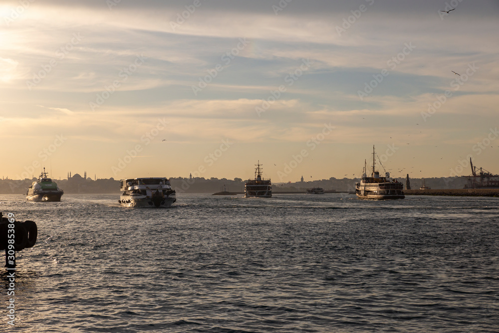 Ships in the Bosphorus at sunset 