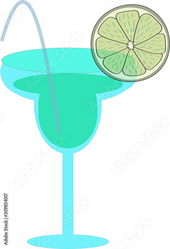 One glass with a cocktail, a cocktail tube and a ring of citrus.