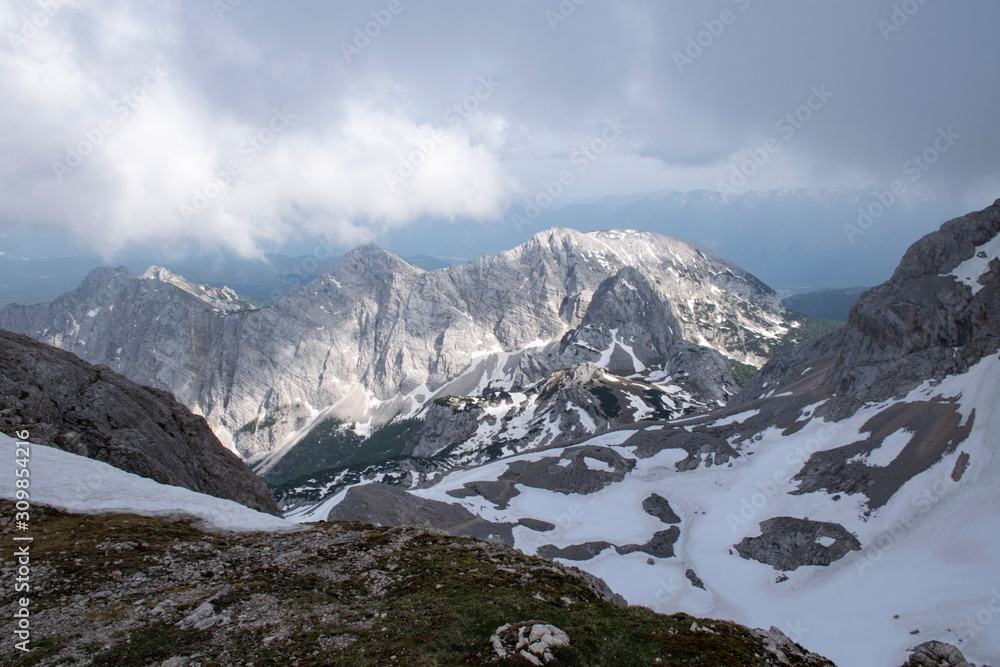 Snow covering mountains in Triglav National Park, Slovenia