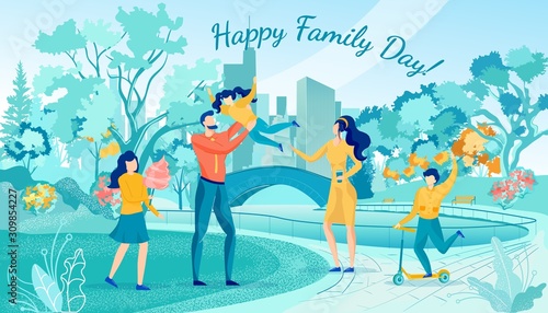 Happy Family Day Celebration in City Park Cartoon