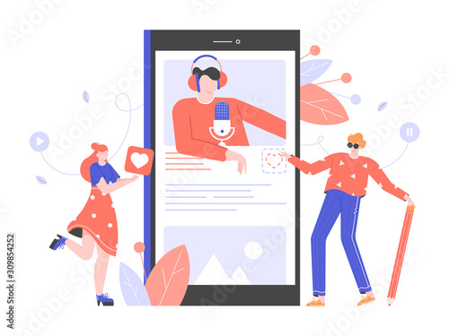 Podcasts, radio, online courses, webinars. Young people study, listen to a lecture on a smartphone. Distance online education. Vector flat illustration.