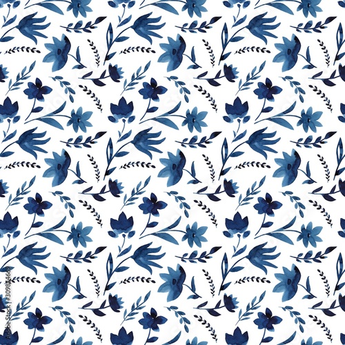 Watercolor flowers handmade in indigo. Blue flower seamless pattern. Isoleted on white background. Classic blue. Floral pattern