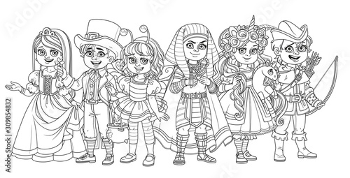 Children in carnival costumes princess, robin hood, egyptian pharaoh, unicorn, bee, leprechaun characters outlined for coloring page