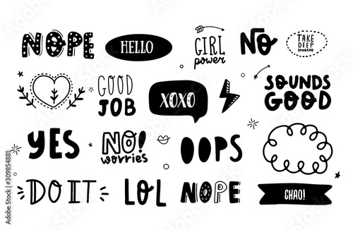 Social Media social sticker, lettering badge, emoticon icon, trendy text with Nope, Yes, Do It, Sounds Good motivational phrases