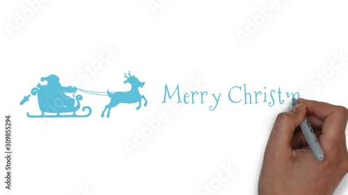 Wishing Merry Christmas and Happy new year. Santa claus sinterklas is coming to good kid with present gift on deer carriage 2d animation hand written lettering.Nature winter scenery.Text sign clip photo
