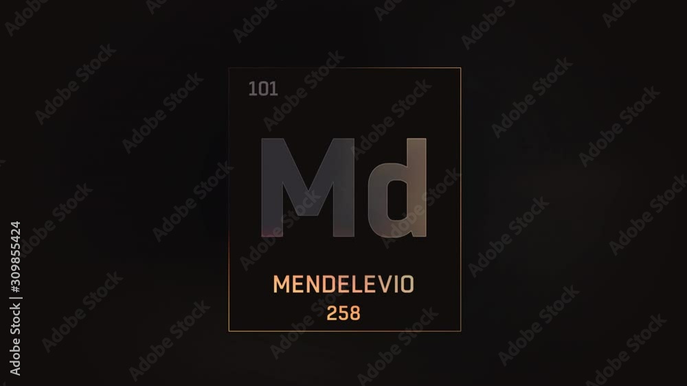 Mendelevium as Element 101 of the Periodic Table. Seamlessly looping 3D animation on grey illuminated atom design background with orbiting electrons. Name, atomic weight, element number in Spanish lan Mendelevium as Element 101 of the Periodic Table. Seamlessly looping 3D animation on grey illuminated atom design background with orbiting electrons. Name, atomic weight, element number in Spanish lan