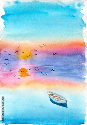 Watercolor landscape of a boat on a clear blue water on the dawn