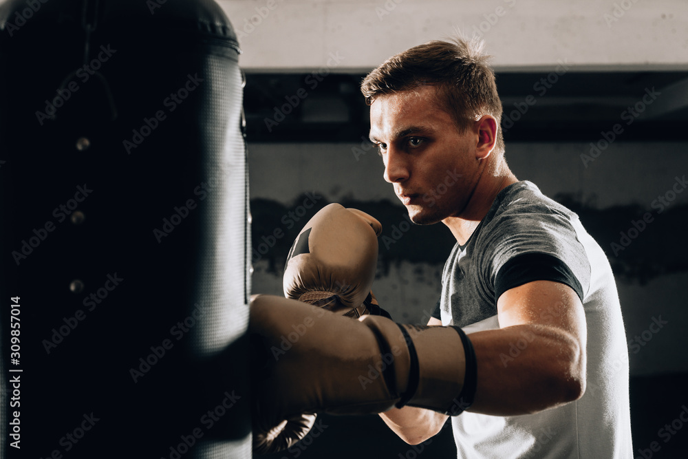 Focused boxer fighter training with punching bag Focused boxer fighter training with punching bag