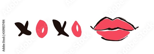 Red lips XOXO hugs and kisses hand drawn with ink paint brush