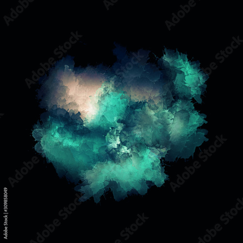 Artistic painting in shades of green and blue on black background. Colorful paint splashes. Modern abstract art.