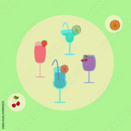 Glasses with cocktails and fruits. Various drinks.