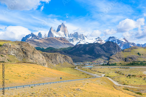 Beautiful view of Mount Fitz Roy massif (Cerro Fitz Roy) from Route 23 in Los Glaciares National Park - Patagonia - Argentina