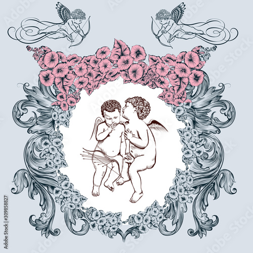 Valentine romantic vector vintage card with angels and flower frame