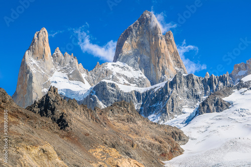 Beautiful view of Mount Fitz Roy & Poincenot (Cerro Fitz Roy) in  Los Glaciares National Park - Patagonia - El Chalten - Argentina