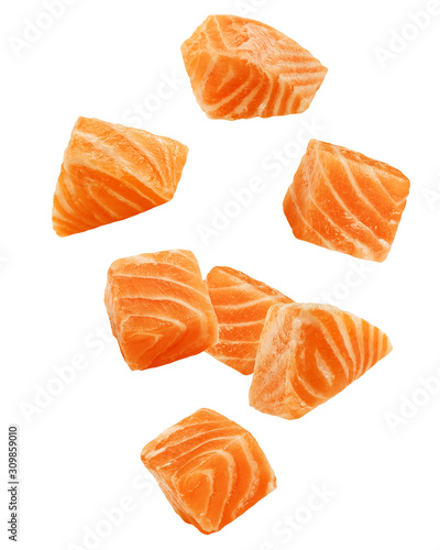 Falling raw salmon, fish isolated on white background, clipping path, full depth of field